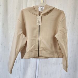 Women Size L Brand new Off-White/Cream Cropped Beige Zip-Up Hoodie
